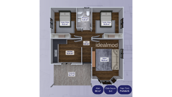 86 m2 Süper Kampanyalı 2+1 Prefabrik Ev - Prefabrik Evim